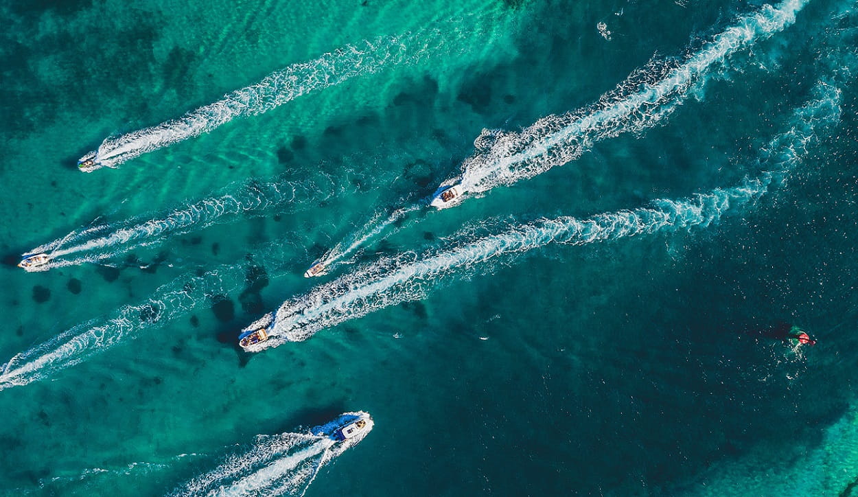 Top side view of boats on water